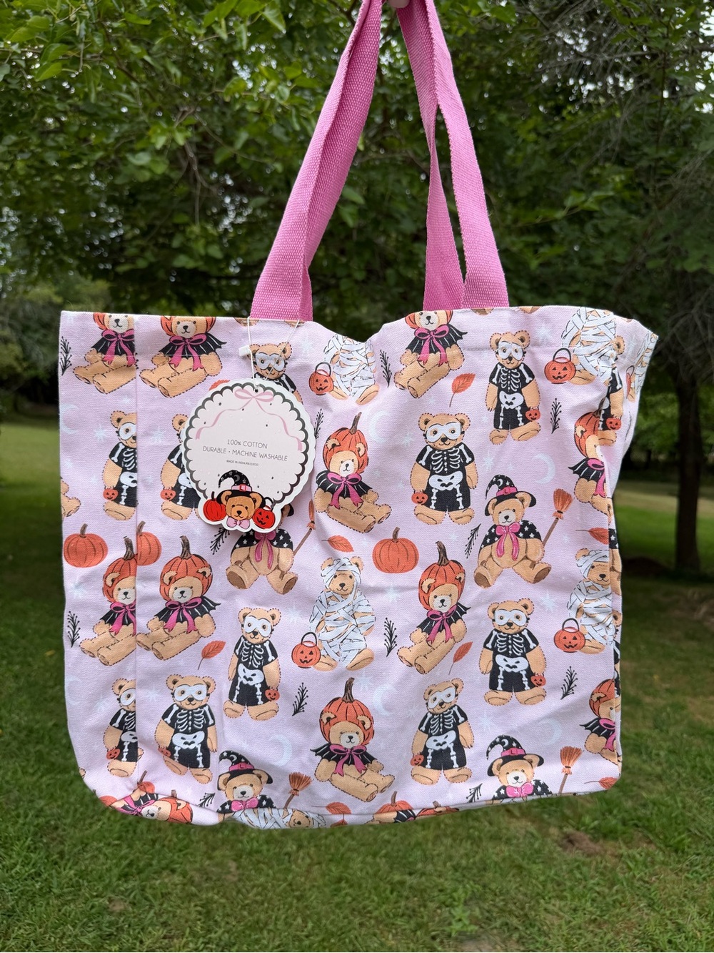 Halloween Teddy Bear Pink Cotton Tote Bag Witch Pumpkin Skeleton NWT